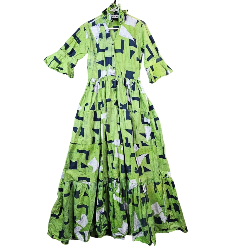Studio 189 Green Batik Cotton Tiered Maxi Dress Size M Handmade Ghana Ruffle